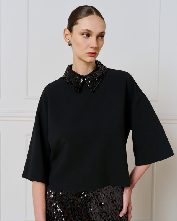 Black 3/4 Sleeve Top with Detachable Sequin Collar - Image 3