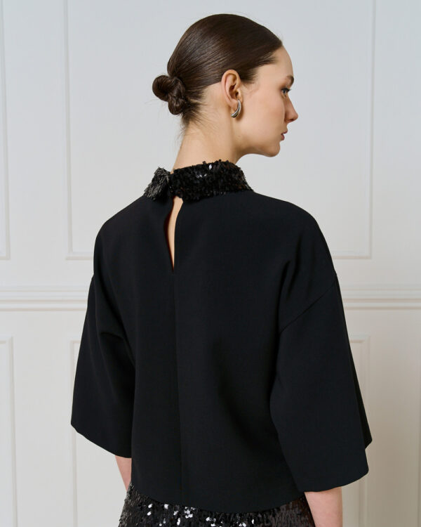 Black 3/4 Sleeve Top with Detachable Sequin Collar - Image 4