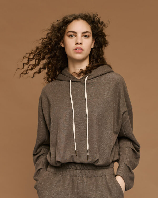 Toffee Cropped Hoodie with Balloon Hem