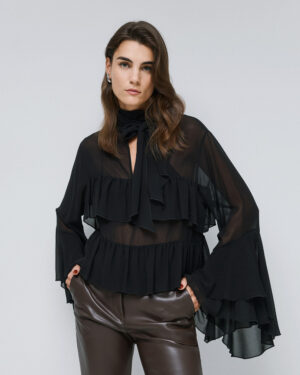 Black Semi-Sheer Pussybow Blouse with Ruffles