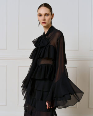 Black Semi-Sheer Pussybow Blouse with Ruffles