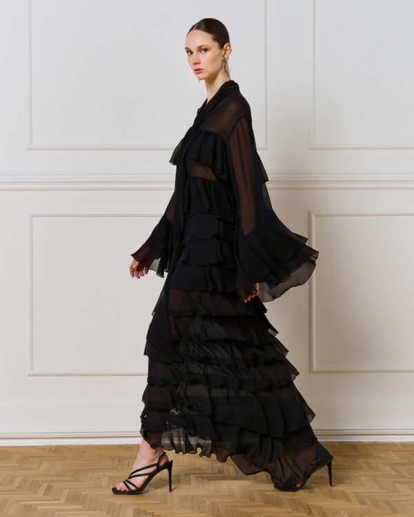 Black Semi-Sheer Pussybow Blouse with Ruffles - Image 3