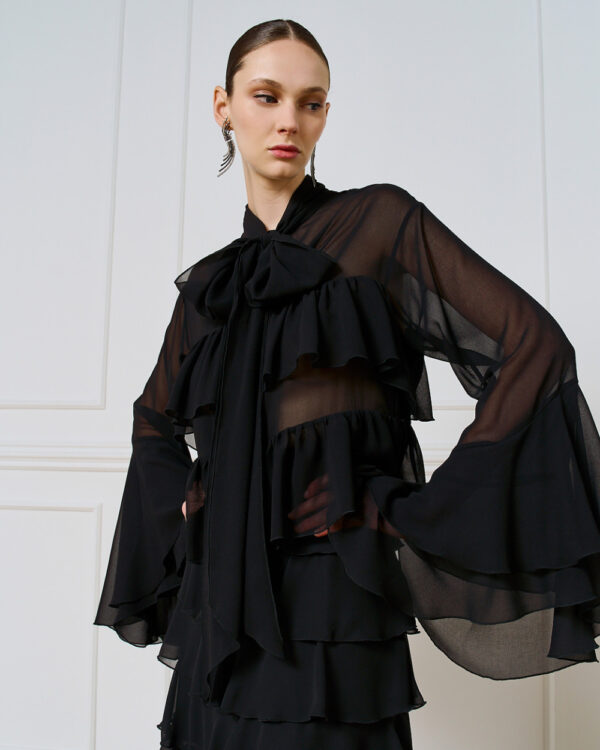 Black Semi-Sheer Pussybow Blouse with Ruffles - Image 2