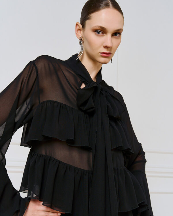 Black Semi-Sheer Pussybow Blouse with Ruffles - Image 4