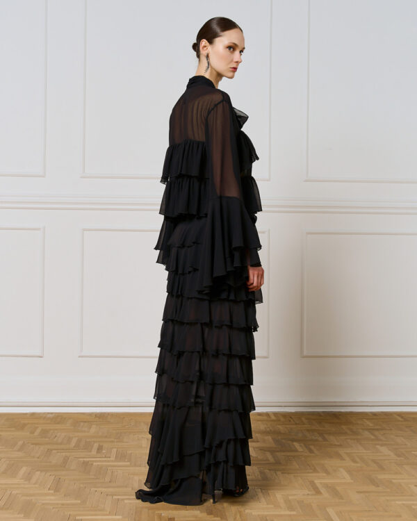 Black Semi-Sheer Pussybow Blouse with Ruffles - Image 5