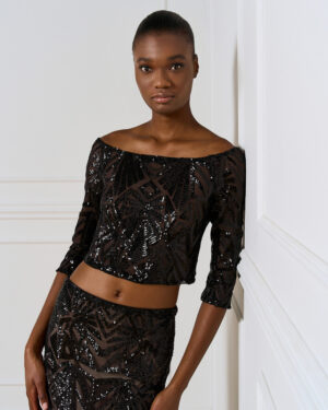 Black Mesh Cropped Top with Black Embellishment