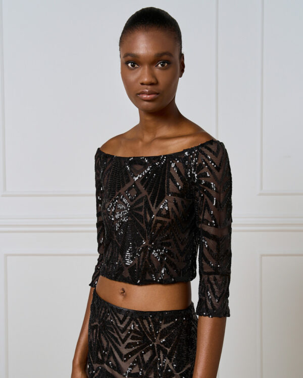 Black Mesh Cropped Top with Black Embellishment - Image 2