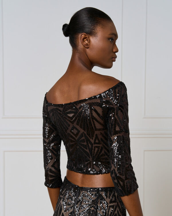Black Mesh Cropped Top with Black Embellishment - Image 3
