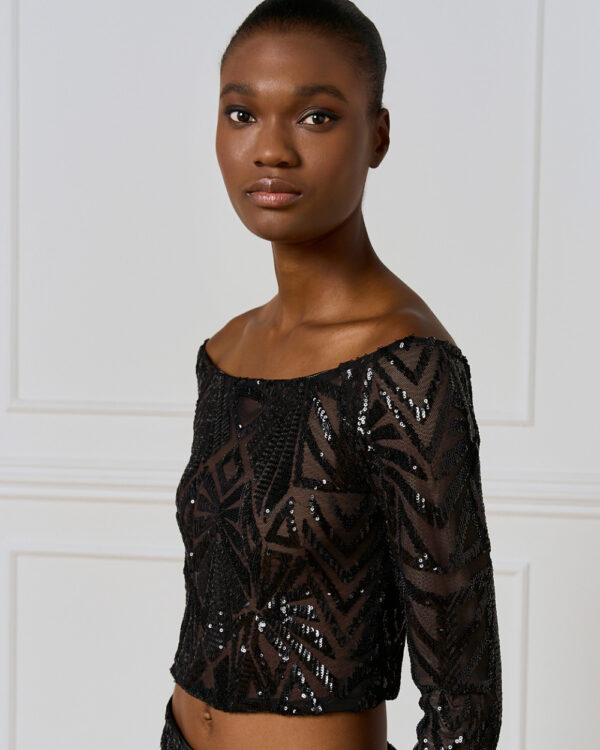Black Mesh Cropped Top with Black Embellishment - Image 5