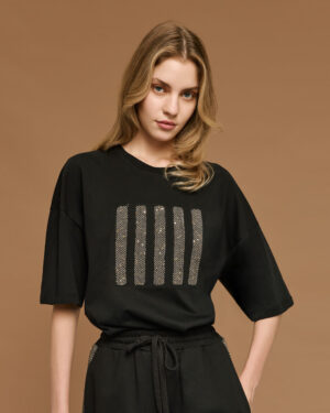 Black T-Shirt with Herringbone & Sequin Embroidery