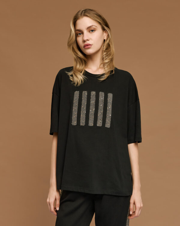 Black T-Shirt with Herringbone & Sequin Embroidery - Image 2
