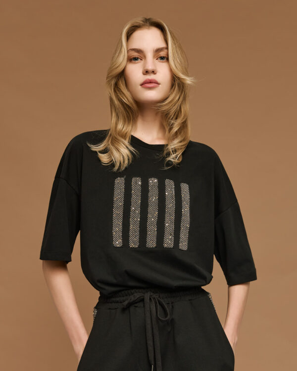 Black T-Shirt with Herringbone & Sequin Embroidery - Image 3