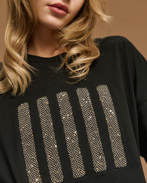 Black T-Shirt with Herringbone & Sequin Embroidery - Image 5