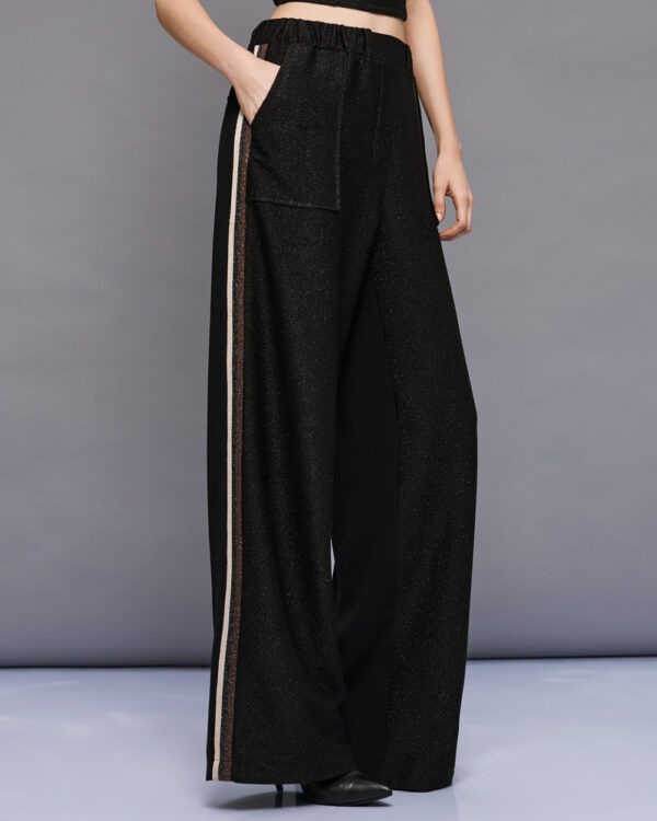 Black Lurex Wide-Leg Trousers with Side Stripe - Image 2