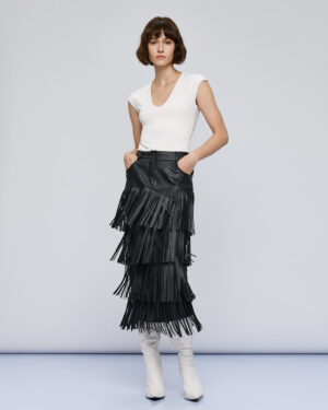 Black Faux Leather Tiered Midi Skirt with Fringing