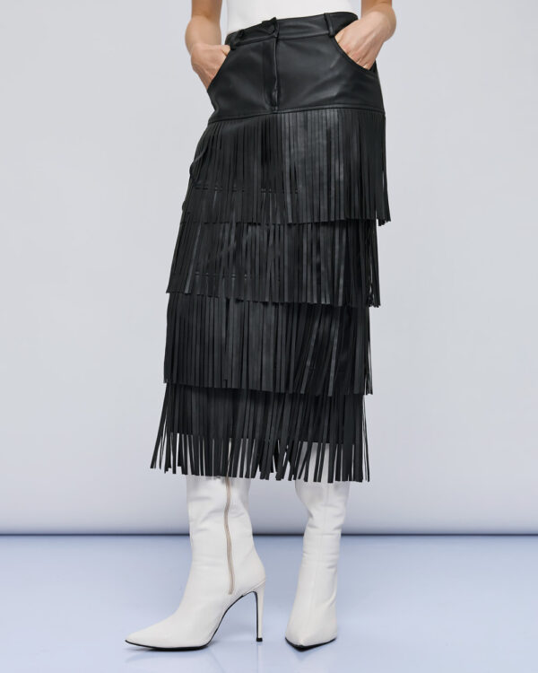 Black Faux Leather Tiered Midi Skirt with Fringing - Image 2