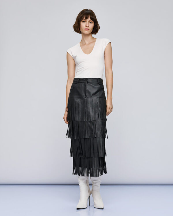 Black Faux Leather Tiered Midi Skirt with Fringing - Image 5