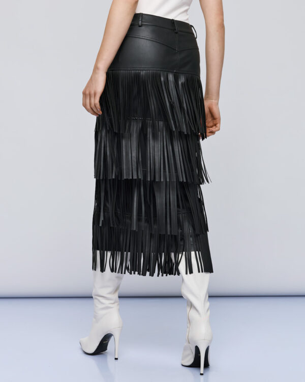 Black Faux Leather Tiered Midi Skirt with Fringing - Image 3
