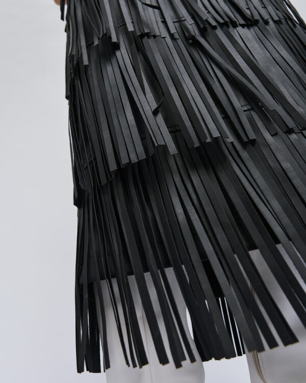 Black Faux Leather Tiered Midi Skirt with Fringing - Image 4