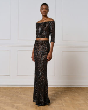Black Mesh Maxi Skirt with Black Embellishment
