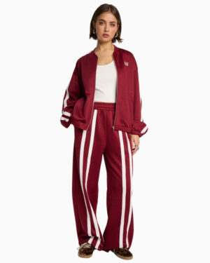 Burgundy Wide-Leg Track Pants with Double Stripe