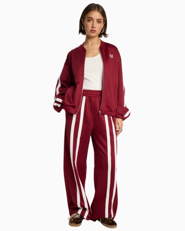 Burgundy Wide-Leg Track Pants with Double Stripe