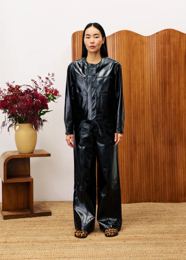 Black Vinyl Shacket with Patch Pockets - Image 3