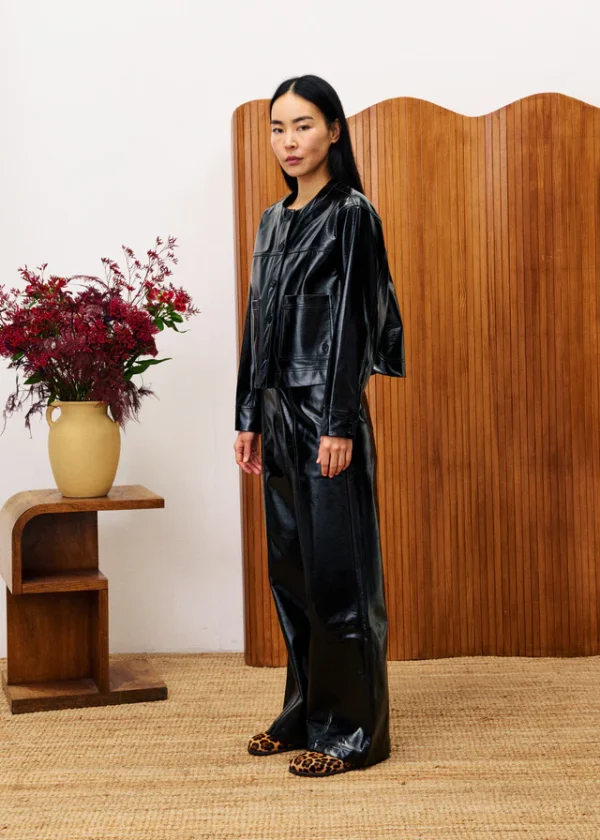 Black Vinyl Shacket with Patch Pockets - Image 4