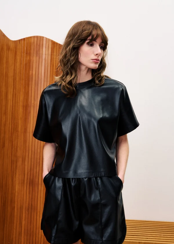 Black Faux Leather T-Shirt - Image 2