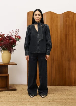 Black Faded Denim Shirt with Blouson Sleeve & Necktie
