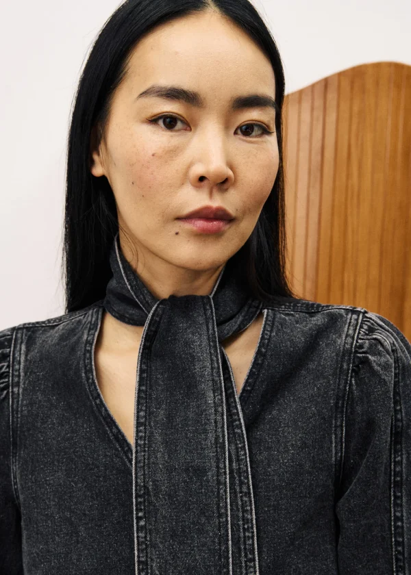 Black Faded Denim Shirt with Blouson Sleeve & Necktie - Image 2