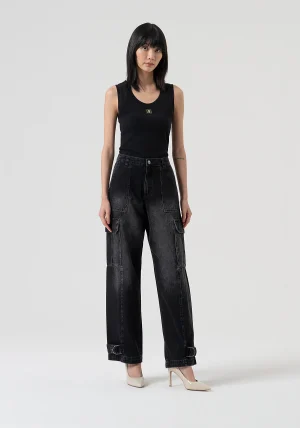 Black Faded Cargo Jeans with Ankle Belt Loops