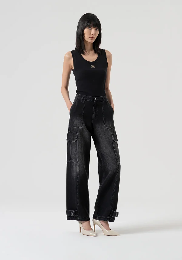 Black Faded Cargo Jeans with Ankle Belt Loops - Image 2