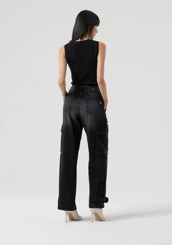 Black Faded Cargo Jeans with Ankle Belt Loops - Image 4