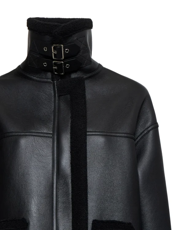 Black Faux Shearling Jacket with High Collar - Image 6