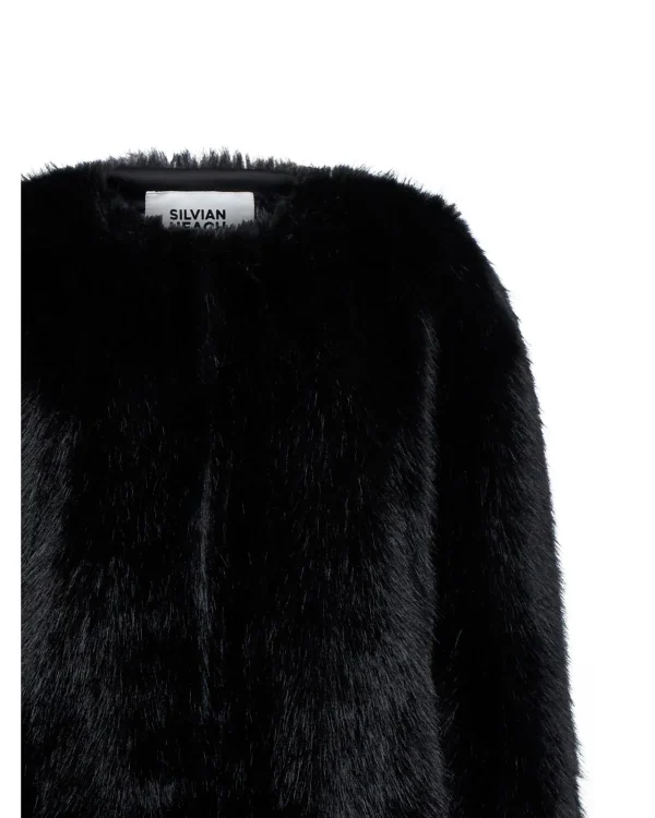 Black Glossy Faux Fur Coat - Image 6