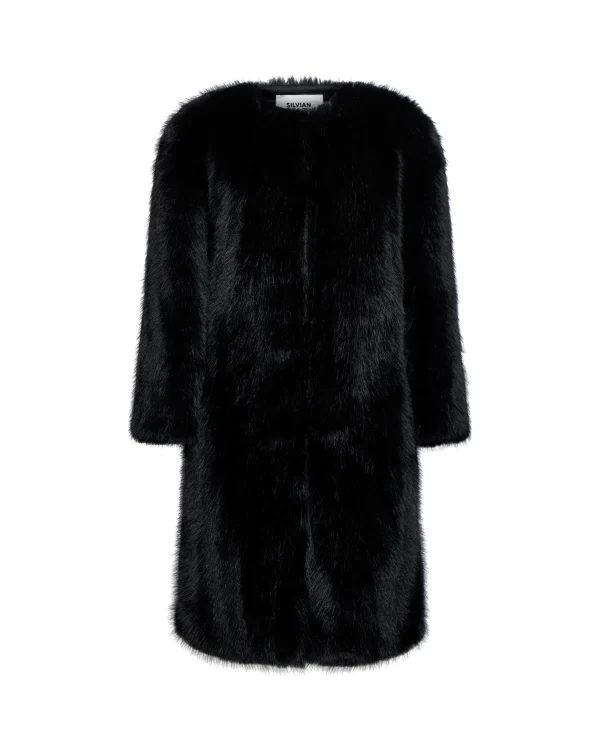Black Glossy Faux Fur Coat - Image 4