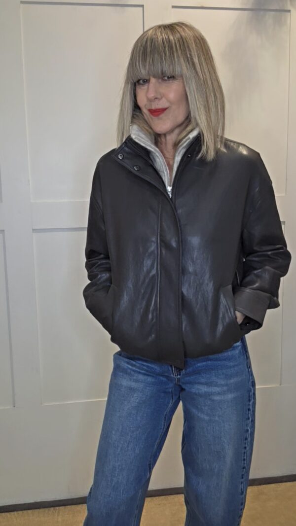 Grey Brown Faux Leather Bomber Jacket - Image 2