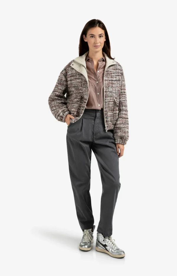 Burgundy & Vanilla Bouclé Tweed Bomber Jacket with Faux Leather Trim & Fringing - Image 3