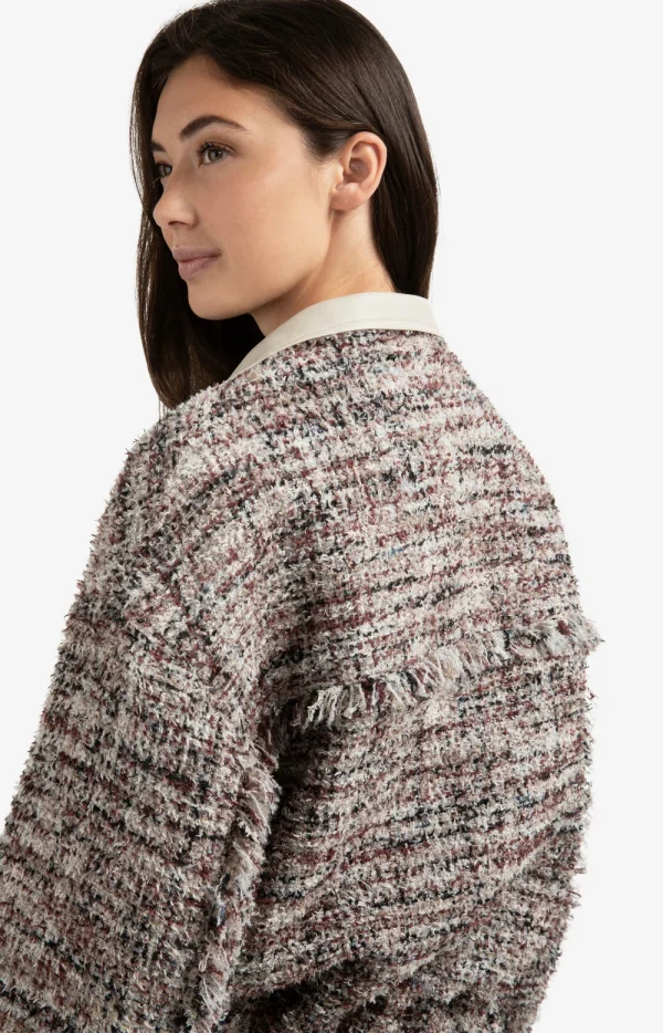Burgundy & Vanilla Bouclé Tweed Bomber Jacket with Faux Leather Trim & Fringing - Image 5