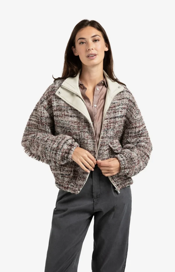 Burgundy & Vanilla Bouclé Tweed Bomber Jacket with Faux Leather Trim & Fringing - Image 4