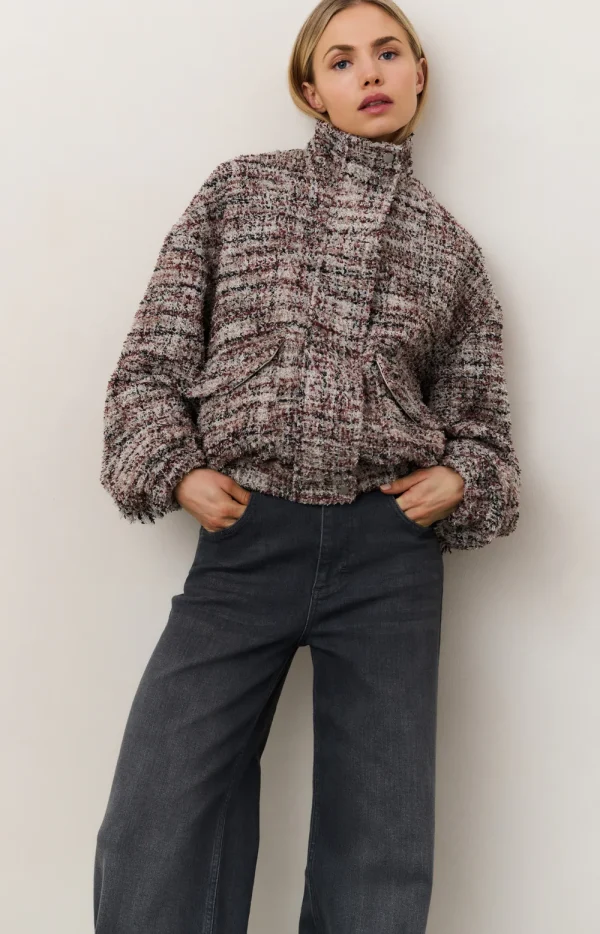 Burgundy & Vanilla Bouclé Tweed Bomber Jacket with Faux Leather Trim & Fringing - Image 2