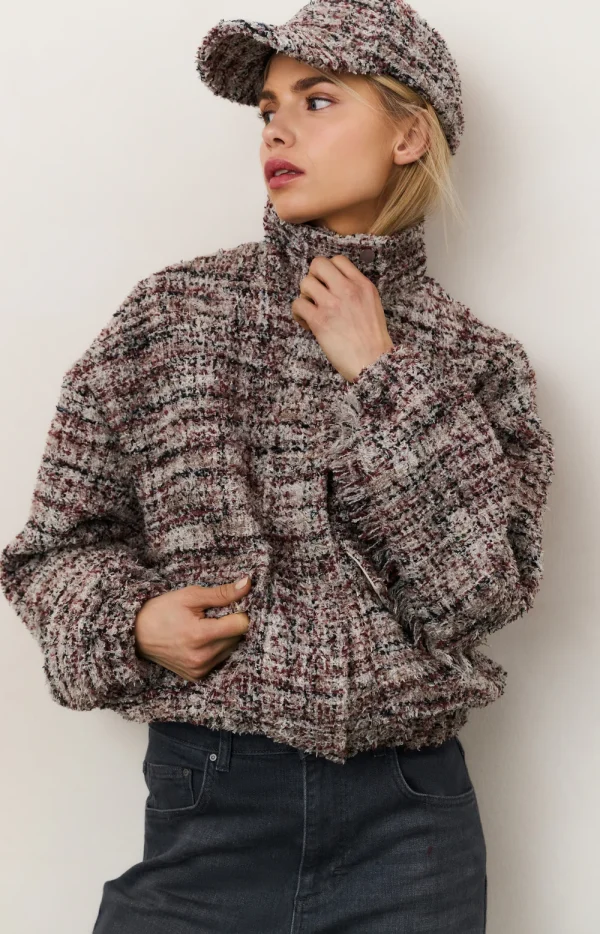 Burgundy & Vanilla Bouclé Tweed Bomber Jacket with Faux Leather Trim & Fringing - Image 7