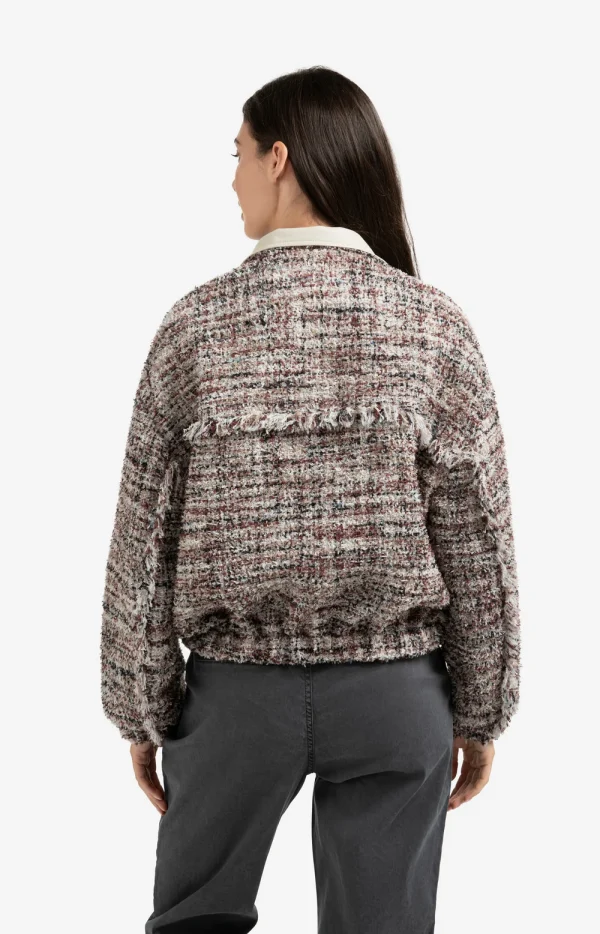 Burgundy & Vanilla Bouclé Tweed Bomber Jacket with Faux Leather Trim & Fringing - Image 6