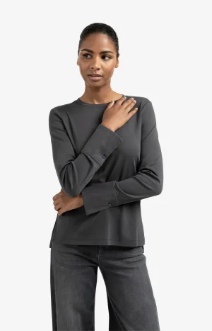Grey Jersey Long-Sleeved Top with Woven Cuff