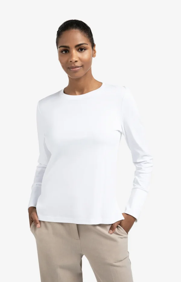 White Jersey Long-Sleeved Top with Woven Cuff - Image 2
