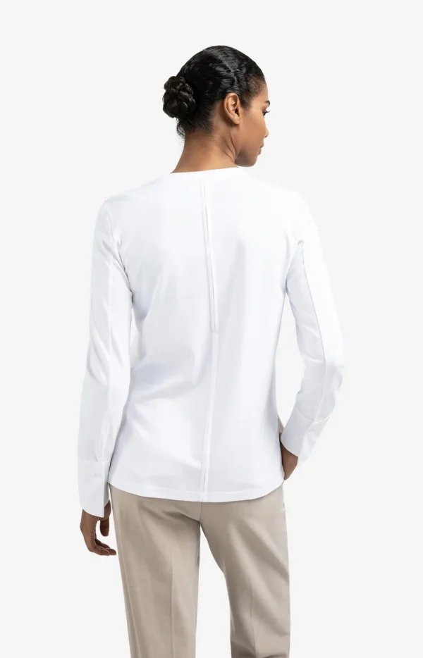 White Jersey Long-Sleeved Top with Woven Cuff - Image 3