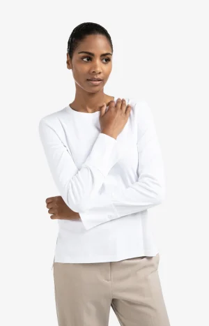 White Jersey Long-Sleeved Top with Woven Cuff