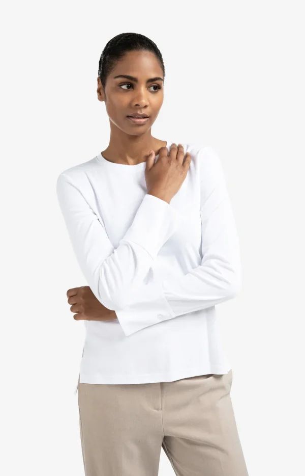 White Jersey Long-Sleeved Top with Woven Cuff