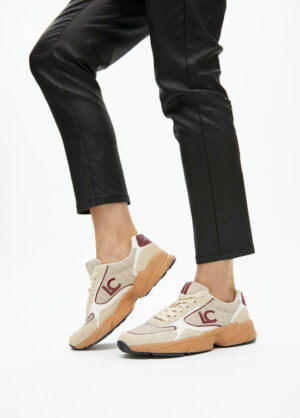Cream Fabric & Suede Trainer with Burgundy Trim